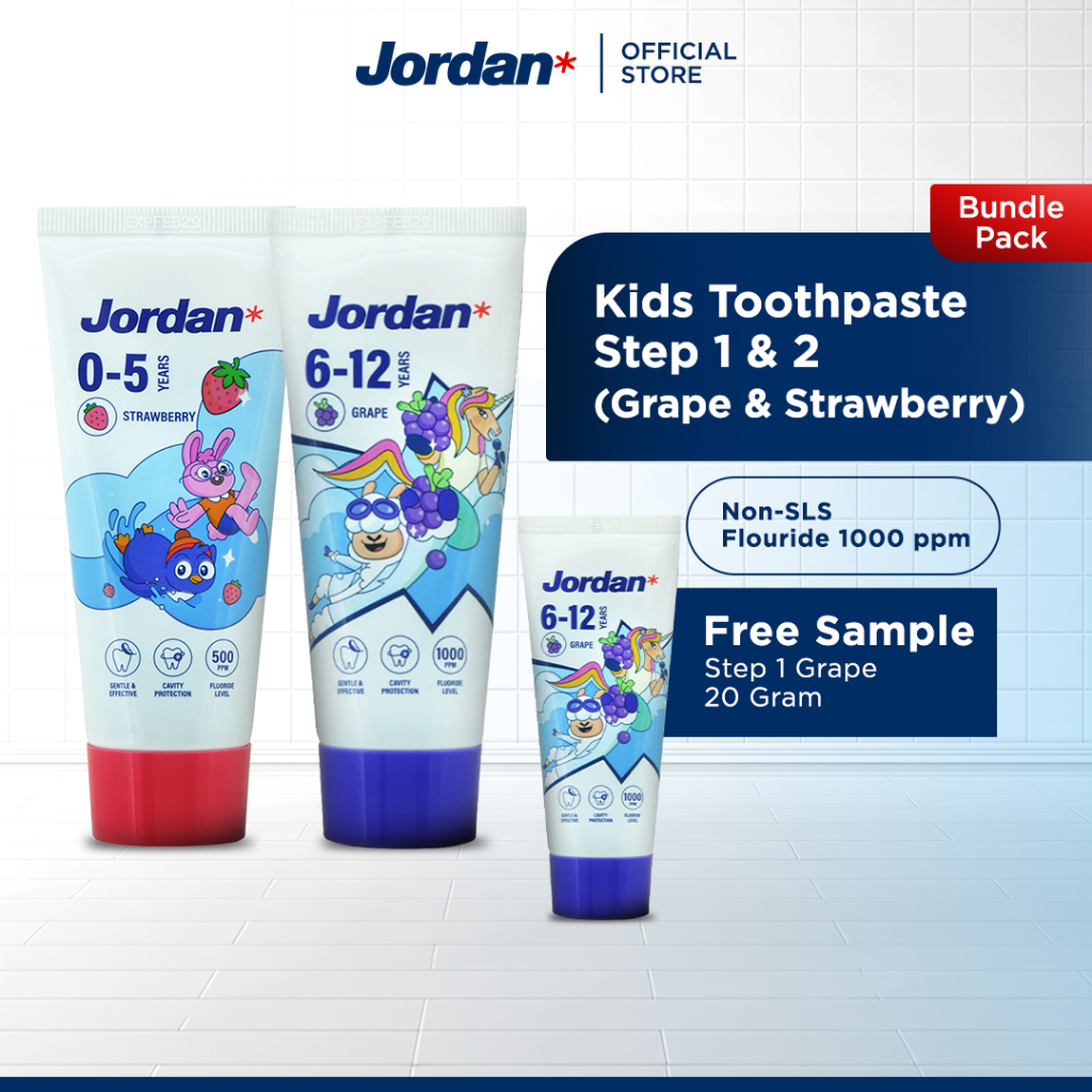 [BUNDLE FREE SAMPLE] Jordan Oral Care Kids Toothpaste Step 2 Grape & Step 1 Strawberry - Pasta Gigi 