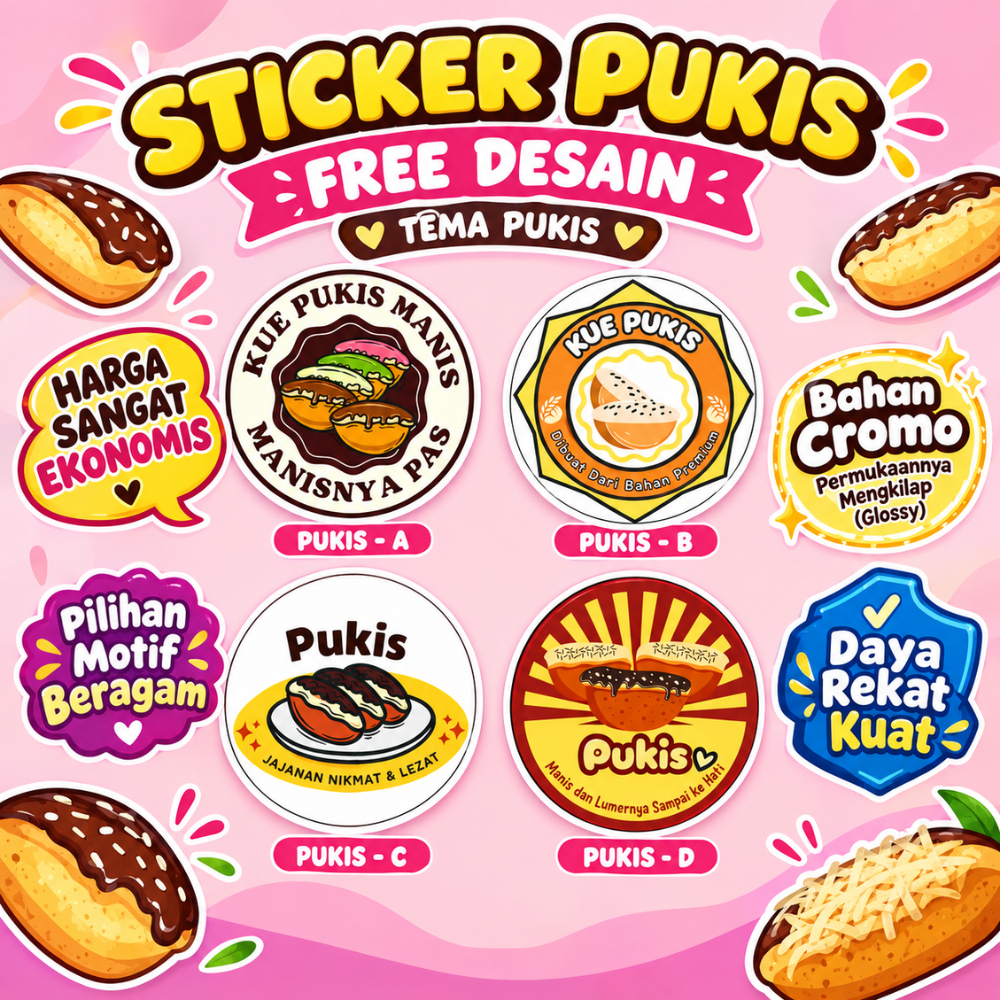 Stiker Pukis free desain / Pukis / Label kemasan makanan / minuman / promosi murah / chromo / lamina