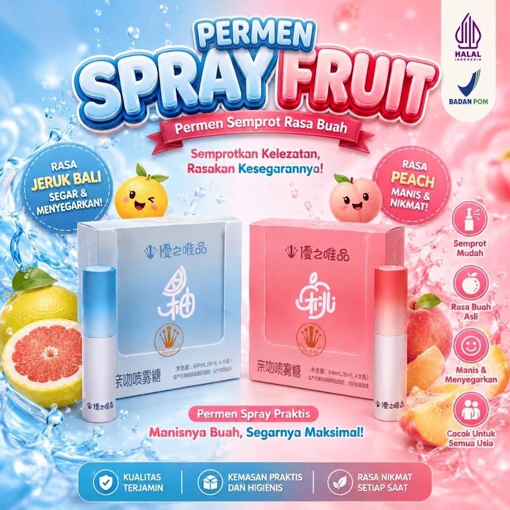 Spray Fruit Candy Permen Semprot Cium Rasa Persik Jeruk Bali Premium Halal BPOM Aroma Buah Menyegark