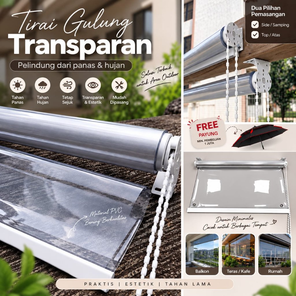 Roller Blind Tirai Krey Plastik PVC Transparan Bening Kuat Tebal Tahan Panas Dingin Hujan Angin untu