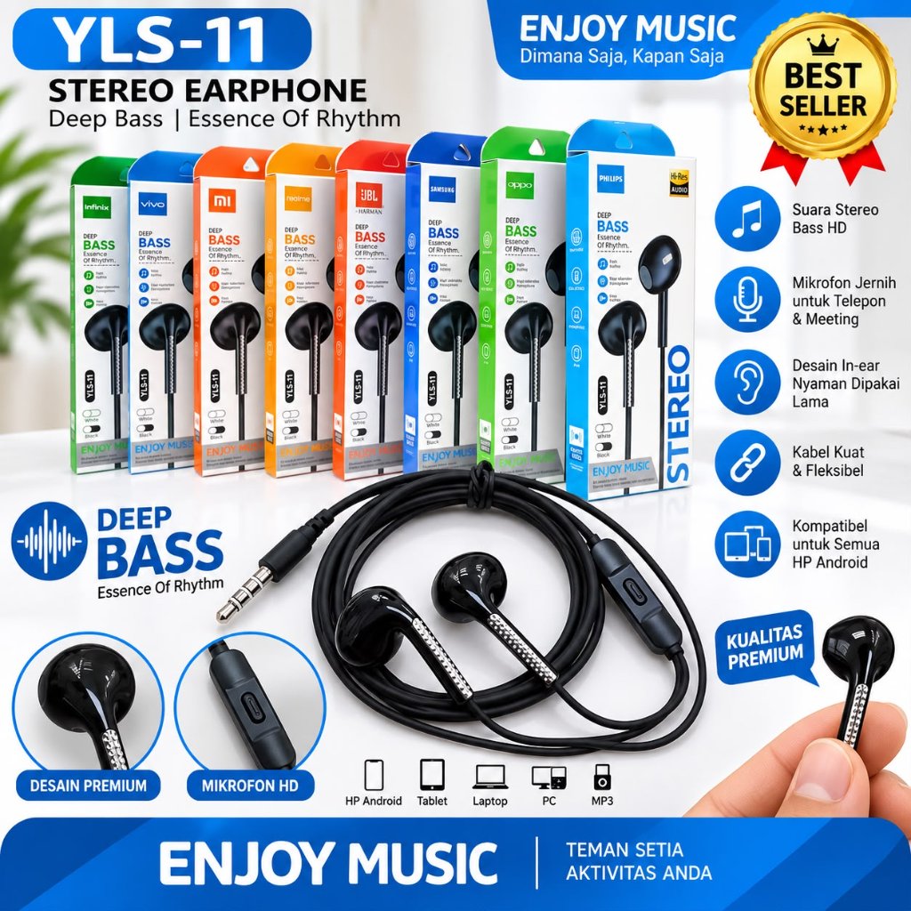 [SH-660] Headset Stereo Earphone YLS-11 Plus plastik bening Klip Packing kotak
