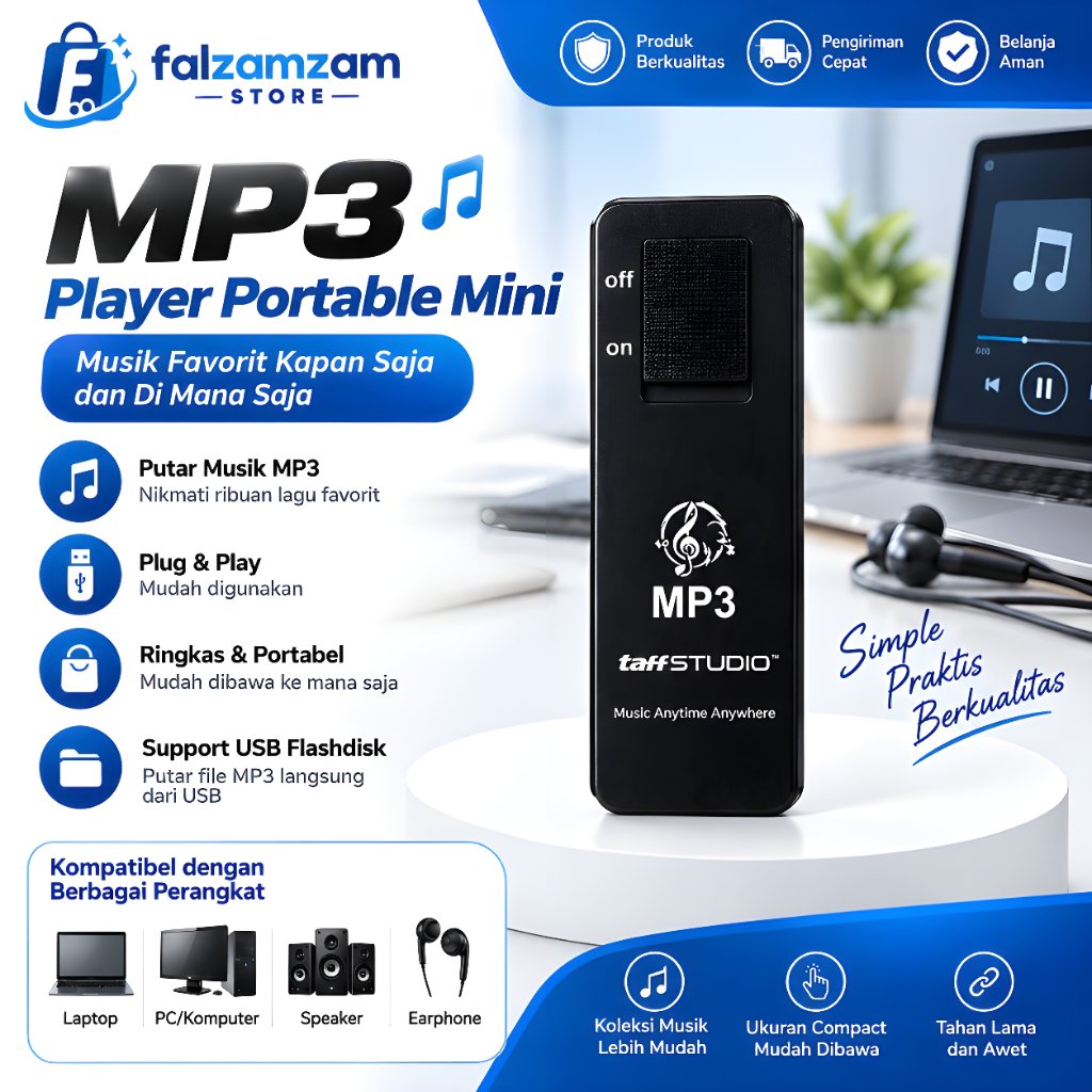 TaffSTUDIO MP3 Player Portable Mini USB 2.0 TF Card - Desain Kompak, Baterai Tahan Lama, Dukungan Fo
