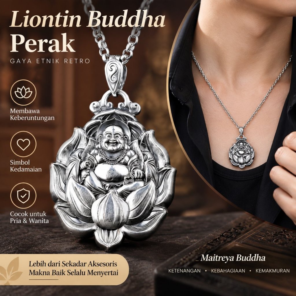 Kalung Liontin Buddha Perak | Maitreya Guanyin Pendant Retro Etnik Unisex