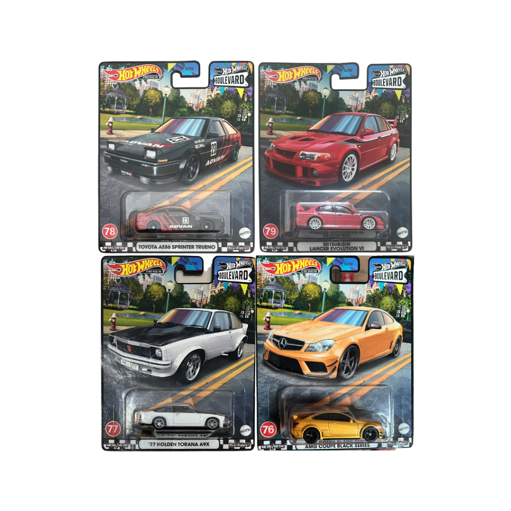 Hotwheels Premium Boulevard 76-80 Yellow Mercedes Benz C63, White Holden Toraja A9X, Toyota AE86 Adv