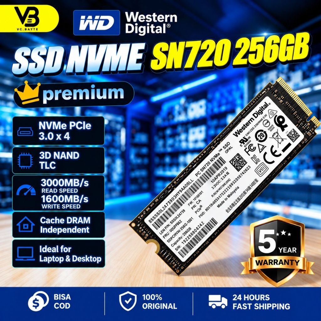 WD SN720 256GB 512GB  M.2 2280 NVMe SSD PCIe Gen3x4 3000MB/s Fast Performance untuk Laptop PC Upgrad