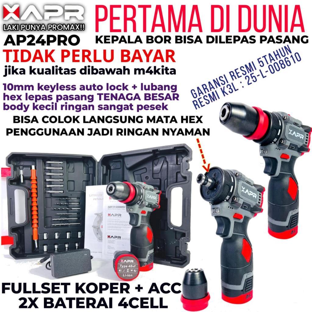 APR BOR BATERAI AP24PRO Series Mesin Bor Baterai Multifungsi 10mm Keyless Auto Lock Fullset Accesori