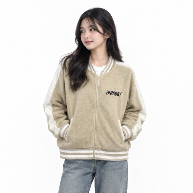 Jacket Casual Bomber Fleece LOVE RABBY Cream Beige Varsity Outerwear Original - M