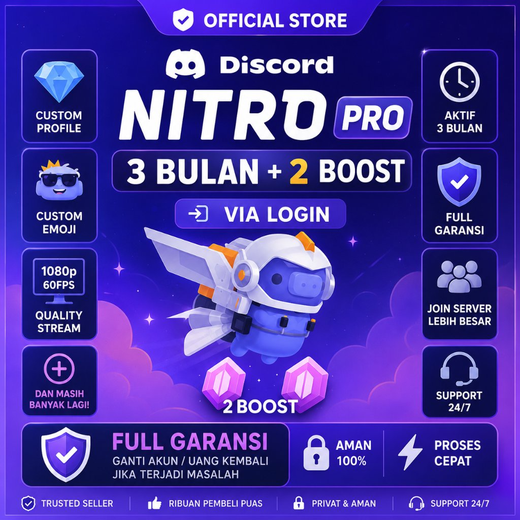 DISCORD NITRO PRO 3 BULAN + 2 BOOST SERVER FULL GARANSI DC NITRO PROFIL KUSTOM DAN STREAM 1080P