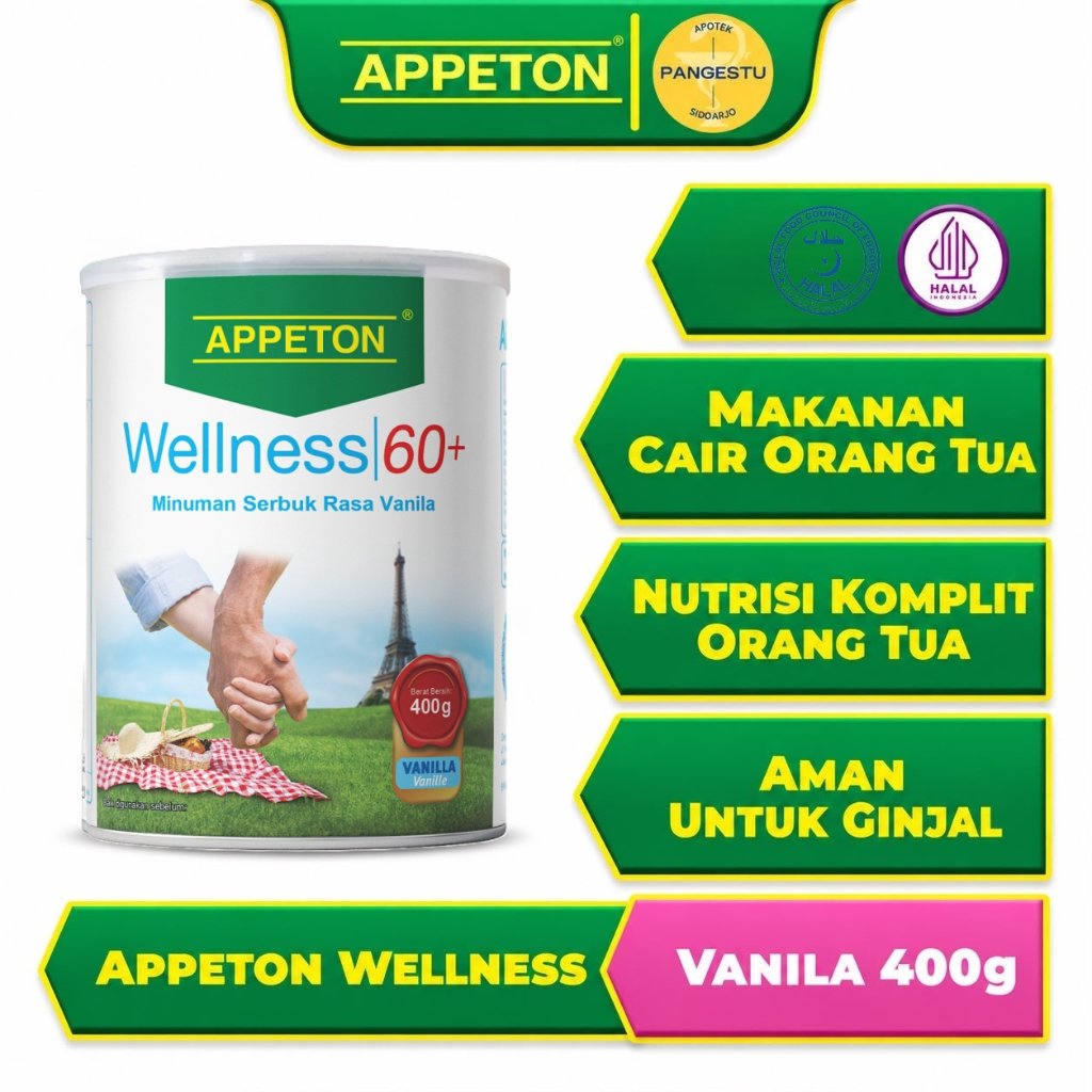 Appeton Wellness 60+ 1 Kaleng 400 gr / Rasa Vanila / Apeton 60 Senior Nutrisi Orang Tua Lansia Vanil