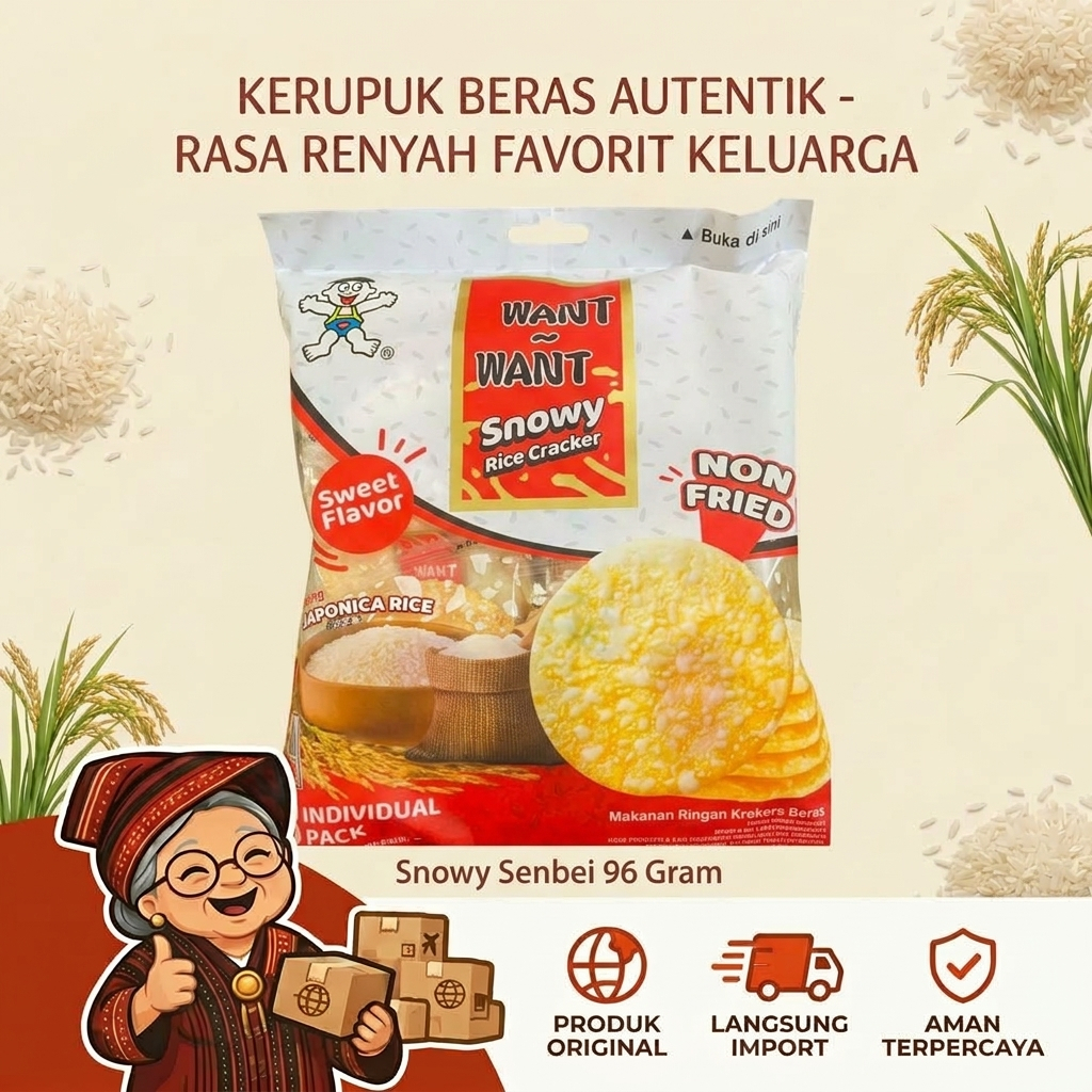 Want-Want Snowy Senbei 96 Gram - Kerupuk Beras Jepang Non-Fried, Camilan Manis Gurih, Snowy Rice Cra