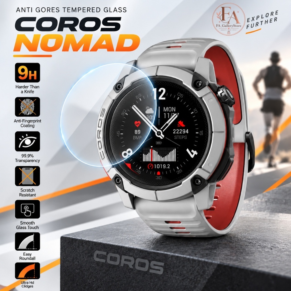 Kaca Tempered COROS NOMAD Anti Gores 9H Anti Sidik Jari untuk Jam Tangan Olahraga