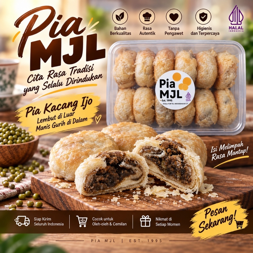 Pia MJL Kacang Ijo Isi 12 Pcs | Bakpia Kering Kacang Hijau | Kue Pia Oleh Oleh