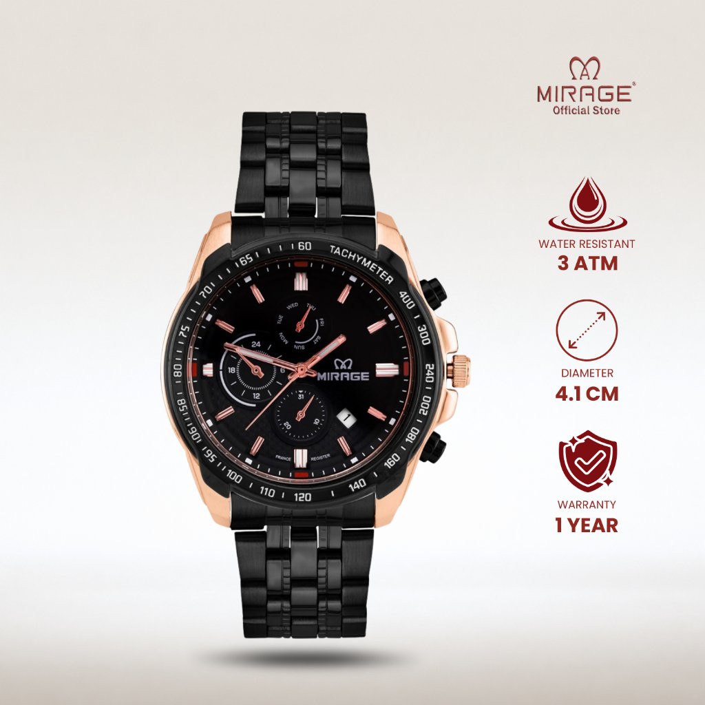 Mirage Analog Sporty Formal Jam Tangan Chrono Pria Tahan Air Garansi Hitam Rosegold 8535 / 8883 M