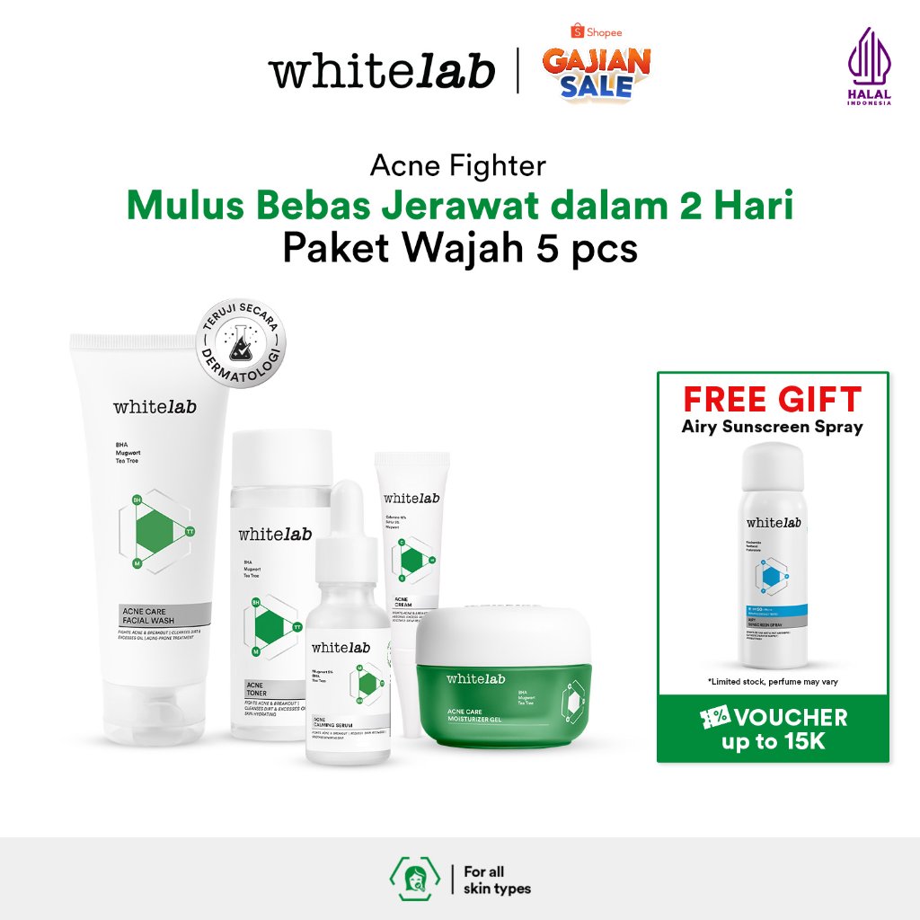 Whitelab 5 pcs Paket Acne Lengkap - Facial Wash, Toner, Serum, Moisturizer, Acne Cream Paket Skincar