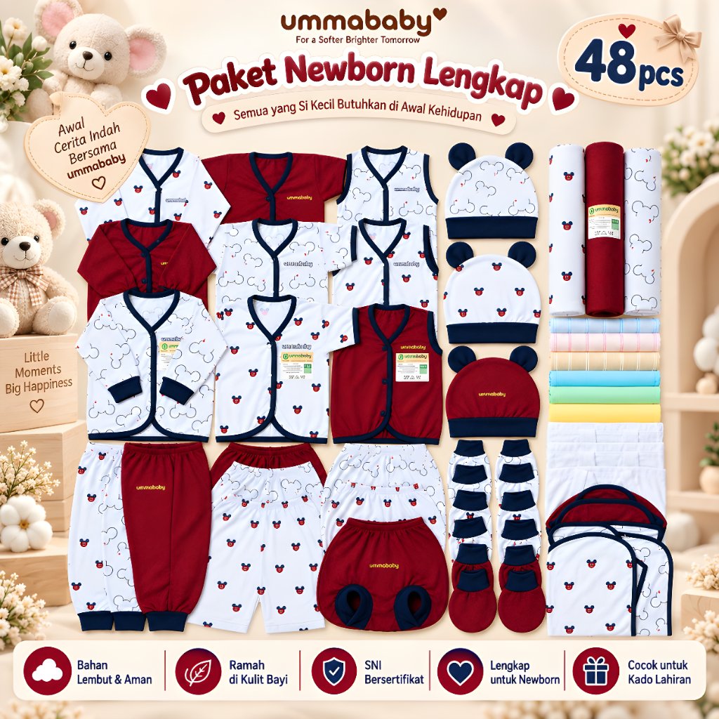 ummababyshop 48 PCS Perlengkapan Bayi Newborn SNI Gift Set Baju Bayi Setelan Lengan Panjang Pendek K