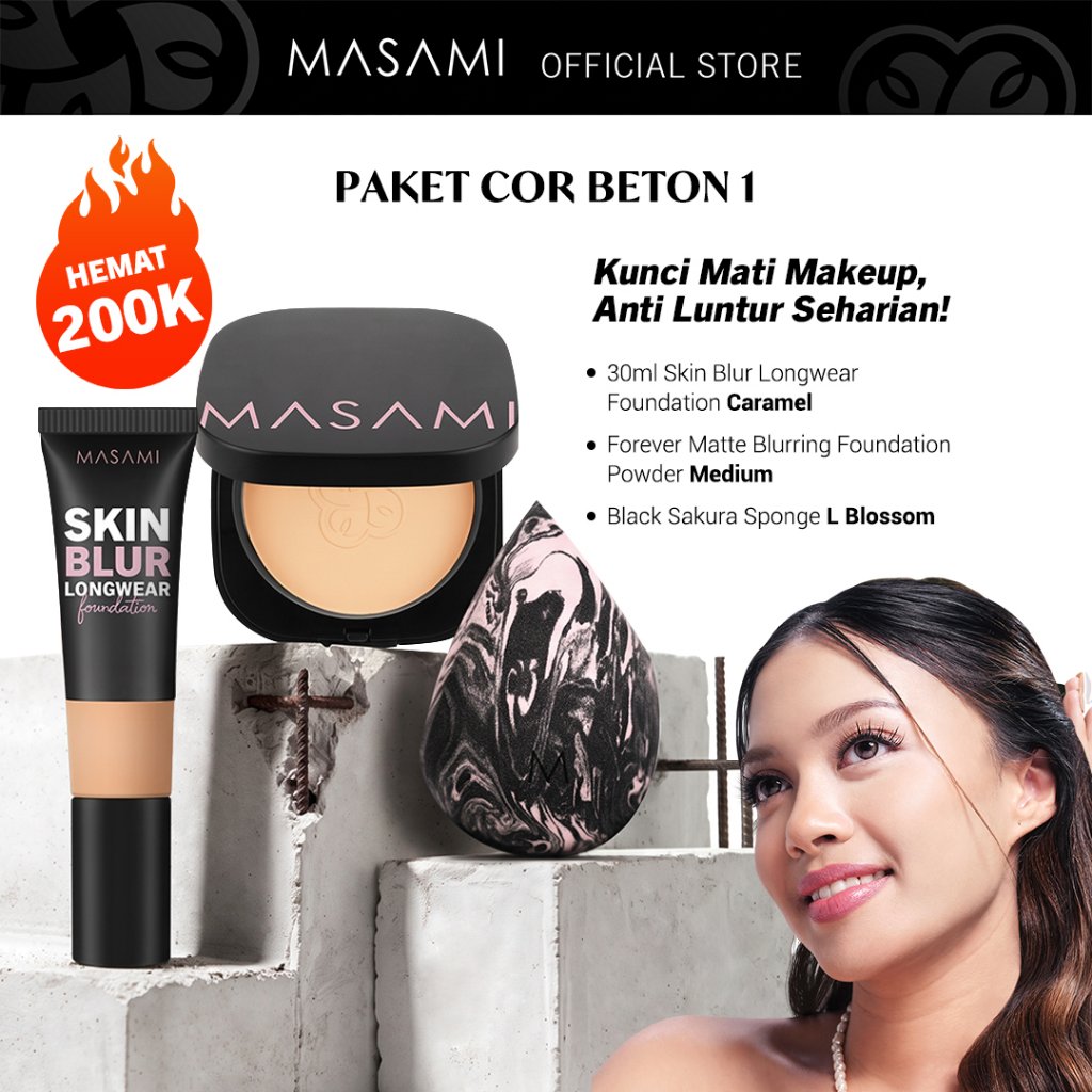 Masami Paket Cor Beton - Complexion Bundle Foundation Liquid Powder Sponge Set Bedak Padat High Cove