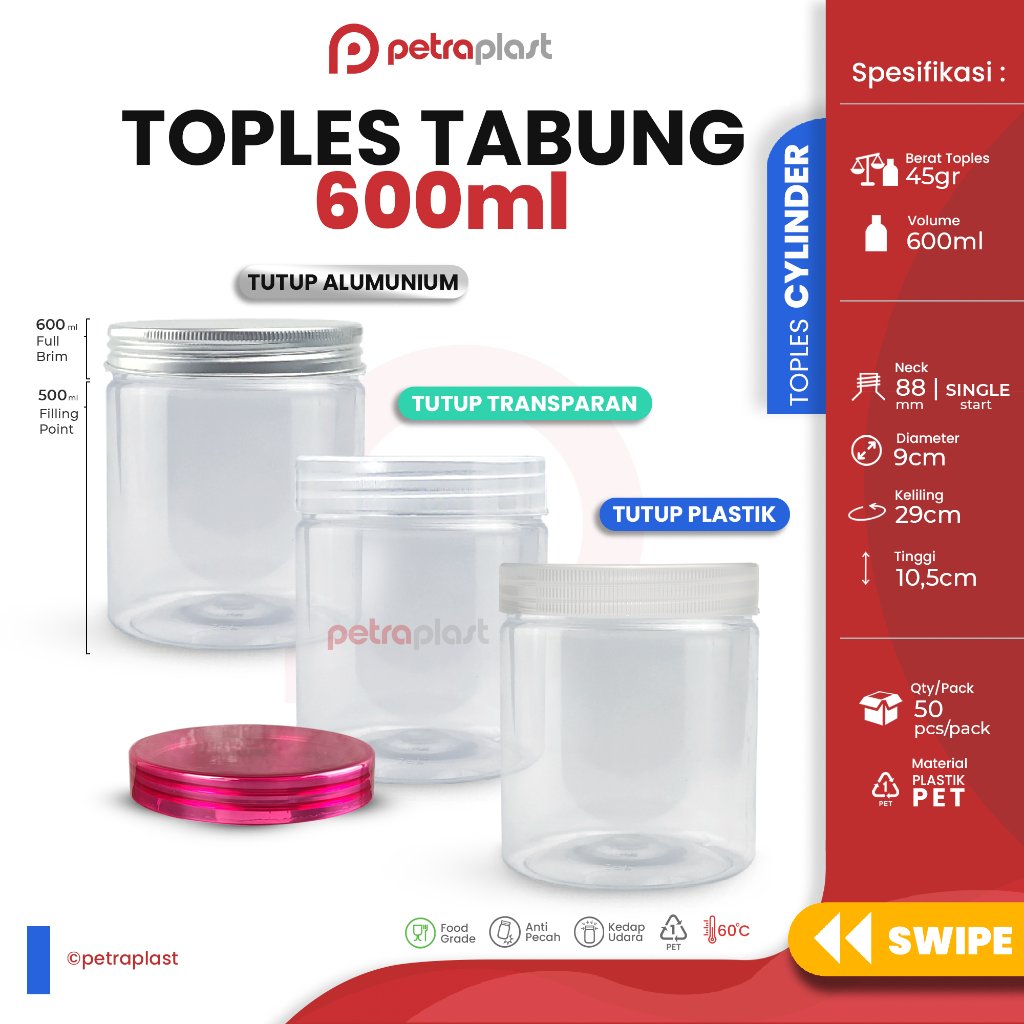 Toples Tabung Cylinder 600 ml - Toples Jar Plastik 600 ml / 600ml - Toples jar Kue 600ml - Toples Ta