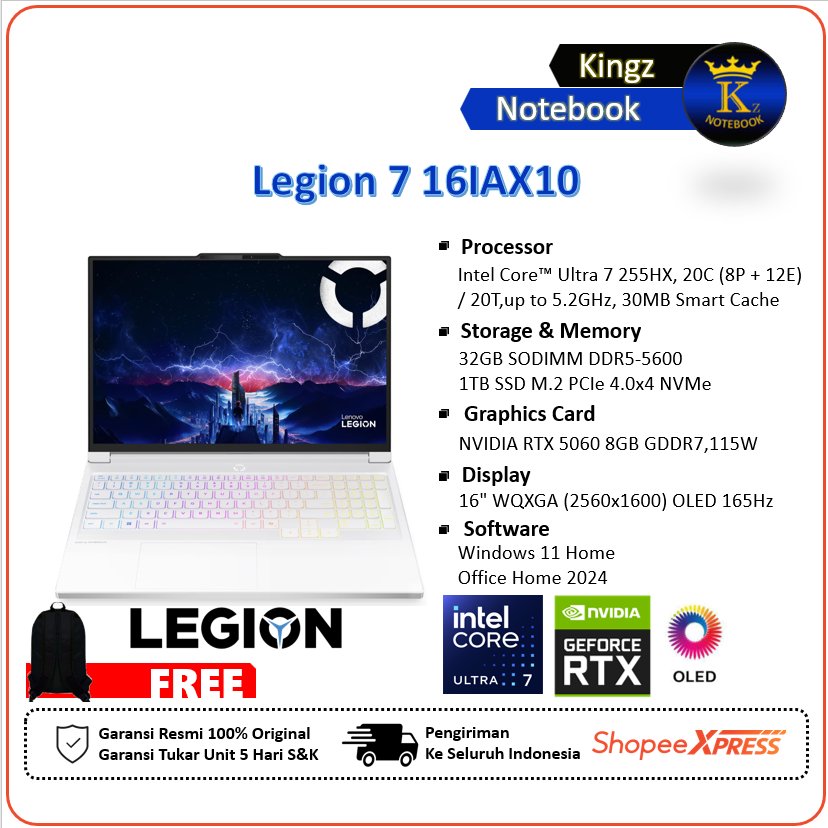 LENOVO Legion 7 RTX5060 Ultra 7 255HX 32GB 2TB SSD Win11+Office 16" WQXGA 165Hz