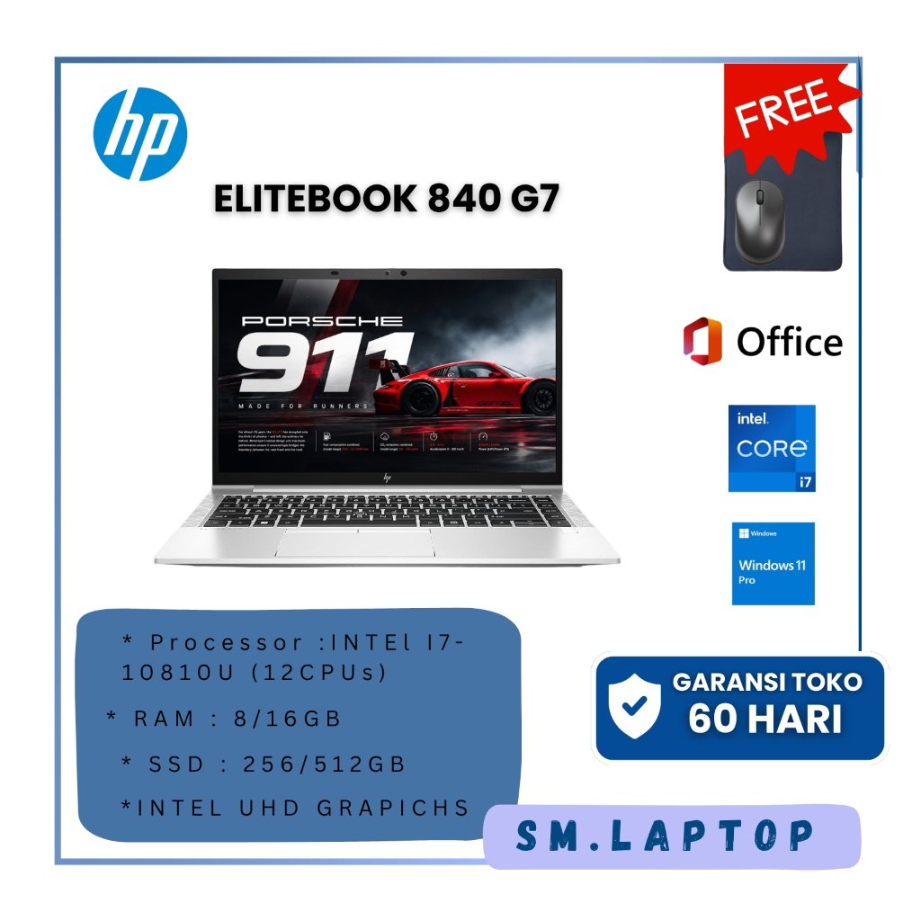 HP LITEBOOK 840 G7 PROSESOR INTEL CORE i7 - 10810U RAM 16GB SSD 512GB LAPTOP BISNIS SECOND PREMIUM