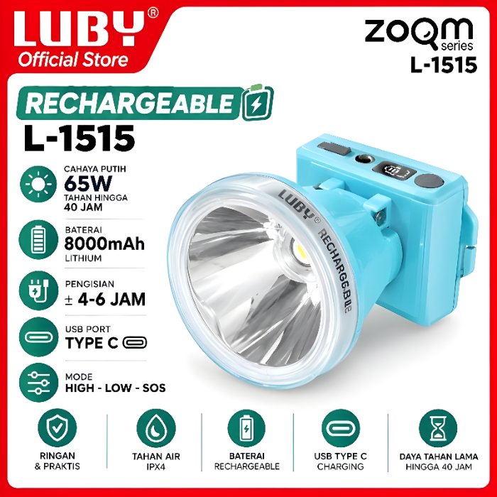 Luby Senter Kepala Jumbo Super Led L-1515L Cahaya PUTIH 65 Watt Water Resistant Dimmer Tahan 40 Jam