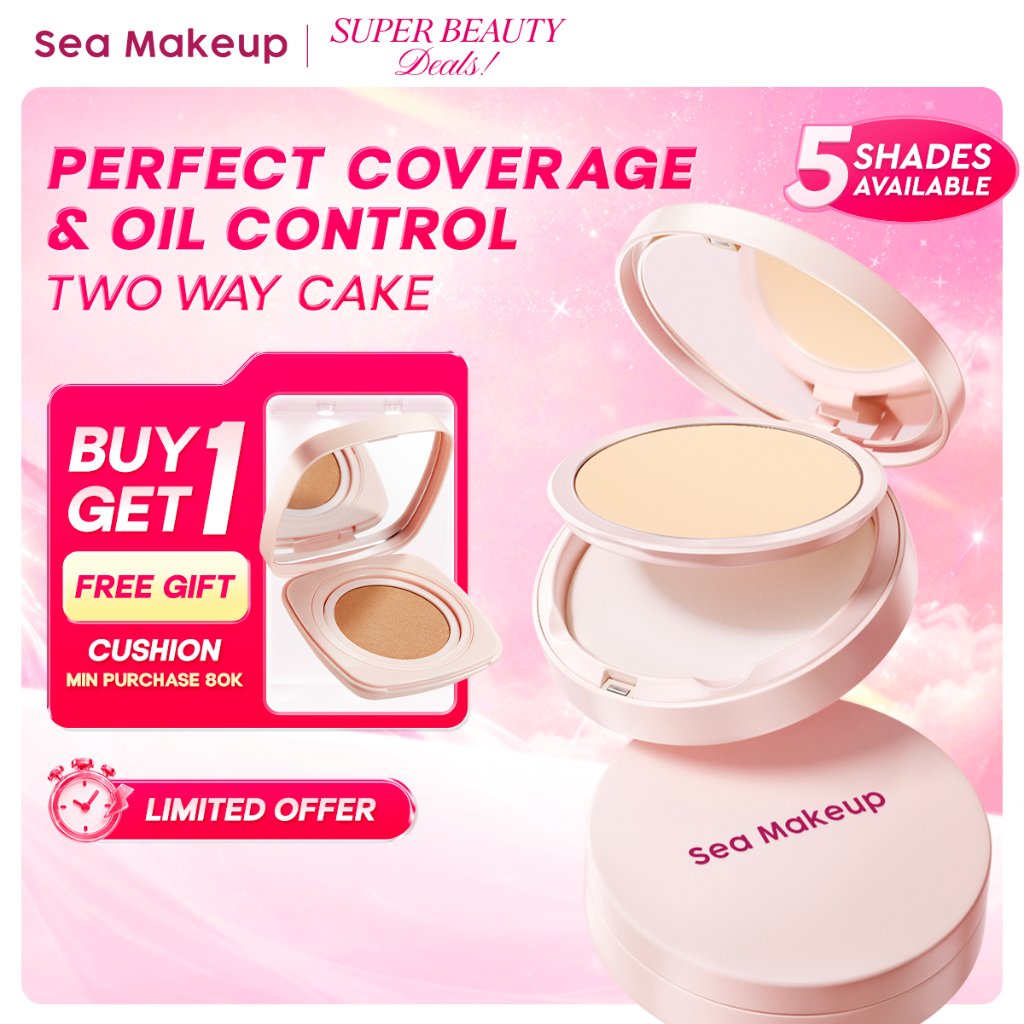 Sea Makeup Acne Cover & Smooth Two Way Cake – Compact Powder & Powder Foundation Full Coverage, Bedak Padat 5 Warna, Meratakan Wajah, Tahan Lama, Cocok Dipadukan dengan Bedak Tabur Oil Control, Translucent Powder & Loose Powder