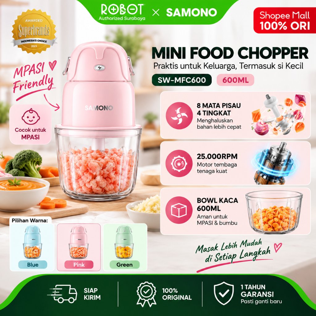SAMONO Chopper Multifungsi MPASI 600ml Food Chopper Kaca Tebal 8 Mata Pisau 4 Tingkat Penggiling Dag