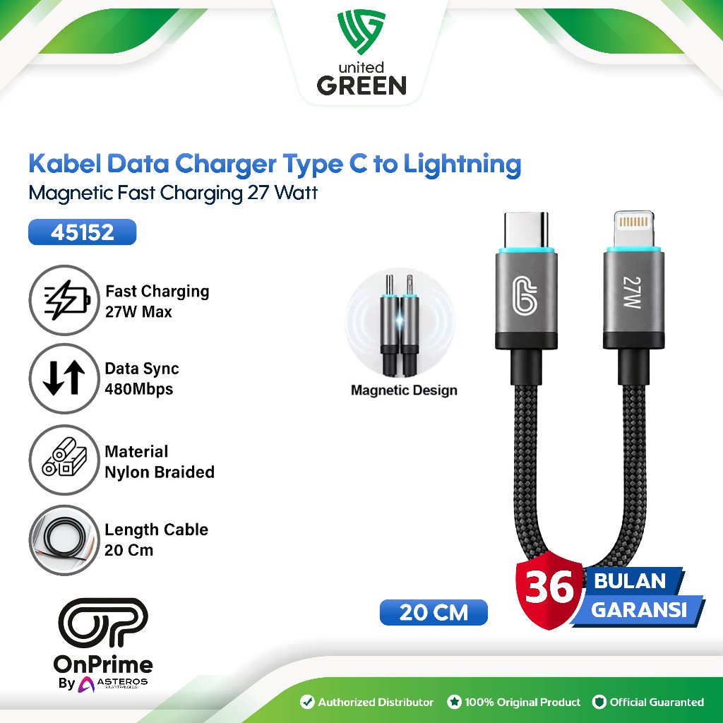 OnPrime 45152 Iron Series Kabel Data Type C to Lightning Magnetic Pendek 20CM 20W 27W 3A PD Black Hi