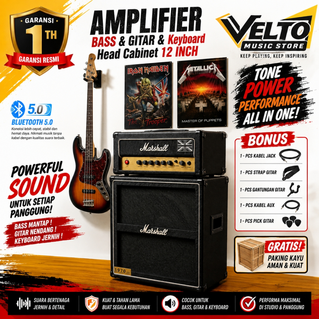 Ampli Bass & Gitar 12 Inch bluetooth 5.0 bisa untuk karaoke Marshall 3 Input Head Cabinet