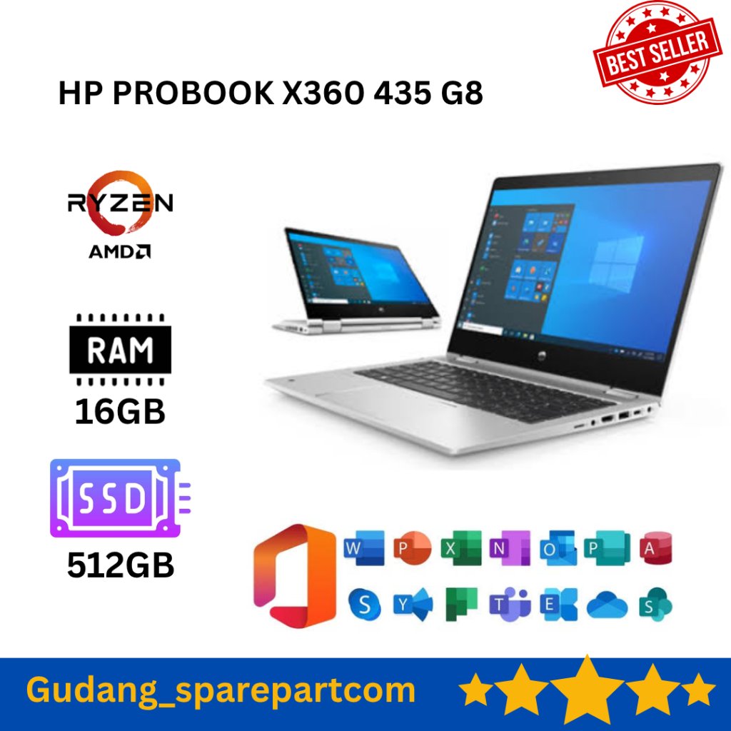 Laptop HP Probook 435 G8 X360 AMD Ryzen 7 5800 Ram 16 GB SSD 1 TB Layar 13.3 Inch Touchscreen Flip 3