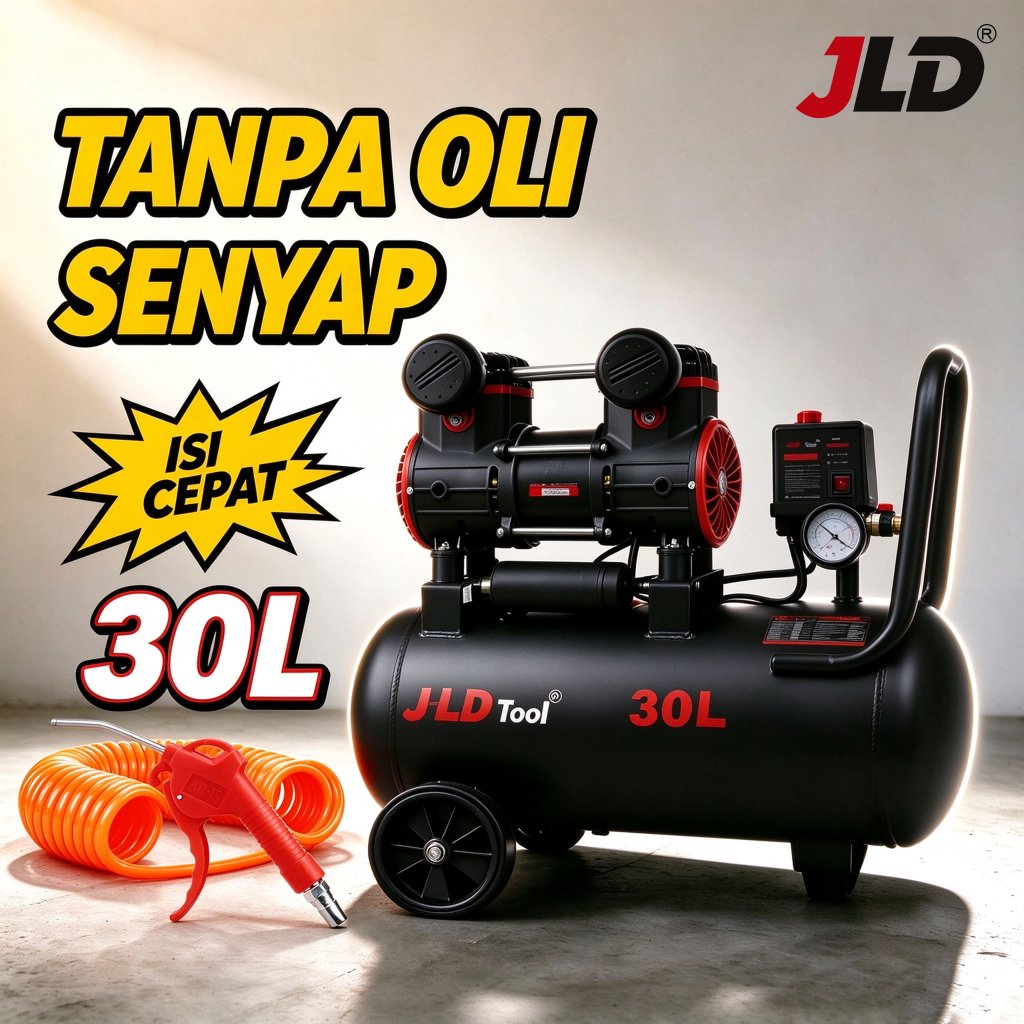 JLD 1HP Kompresor Angin 30L Oilless Silent | Aksesori Lengkap | Isi Udara Kilat, Kerja Tanpa Henti |