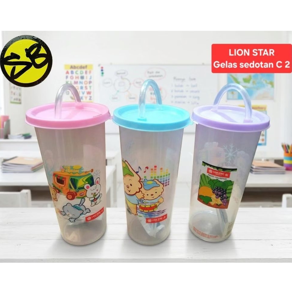 Lion Star gelas plastik tutup sedotan C 2 370 ml BPA free tebal food grade