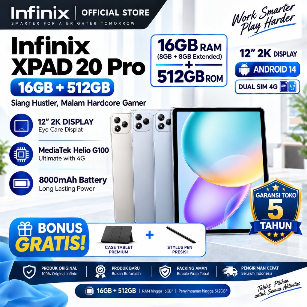 Infinix XPad 20 Pro 16GB RAM + 512GB ROM | Super Cepat & Smooth | Layar Besar | Garansi 5 Tahun
