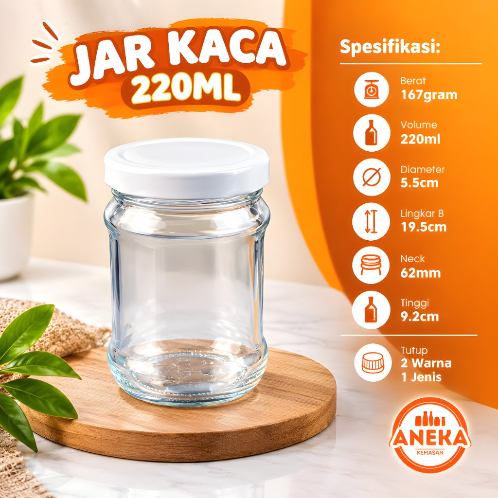 Paket isi 12pcs) JAR Kaca 220ml Toples Kaca Sambal Cake Coklat Selai Madu Bumbu Makanan
