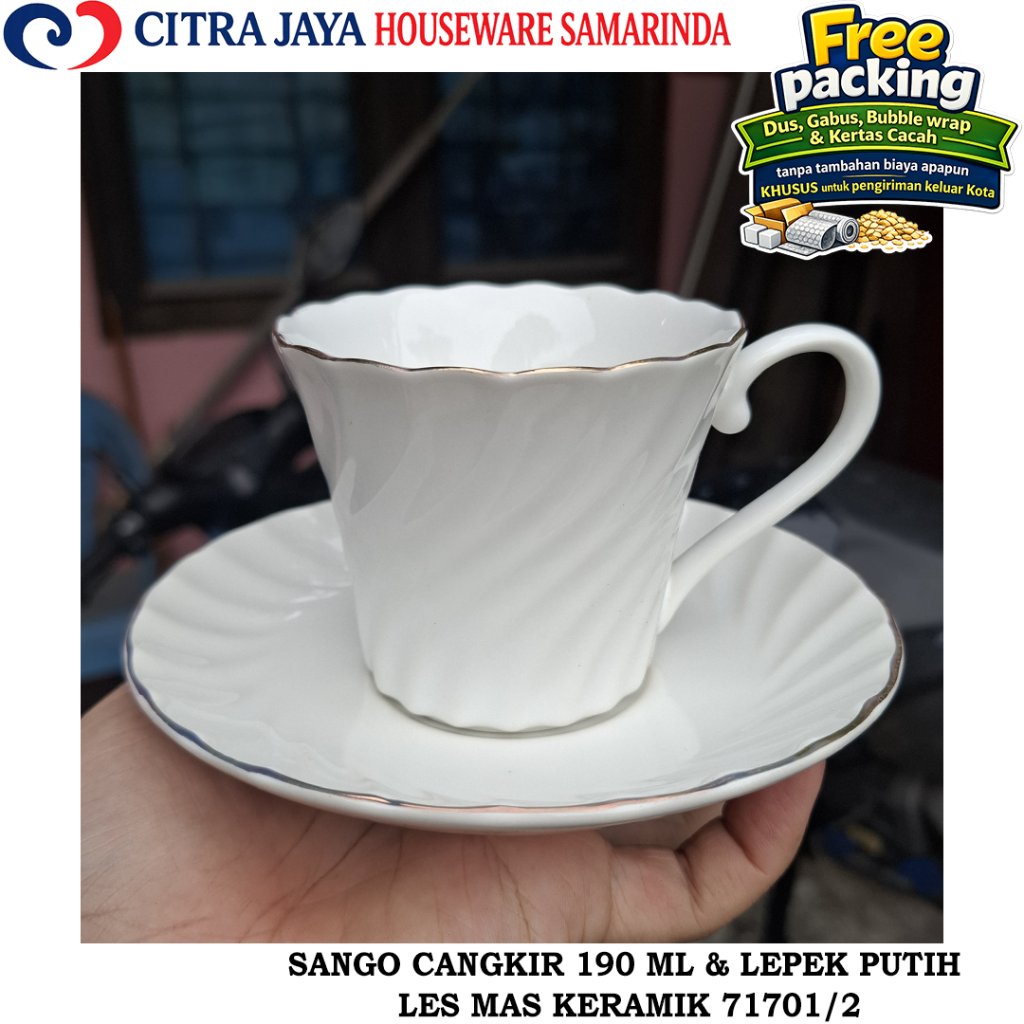 Cangkir 190 ML & LEPEK (PERKOTAK ISI 6 PCS) SANGO 71701/2 PUTIH LES MAS ULIR KERAMIK