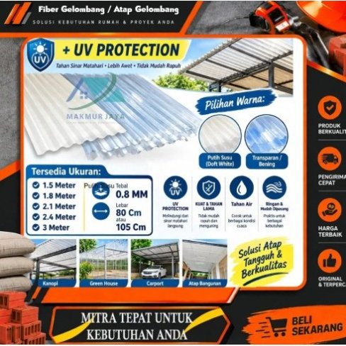 Fiber Gelombang 2.4 Mtr + 105 cm UV PROTECTION Warna TRANSPARANT / Atap Transparant PVC / Atap Fiber