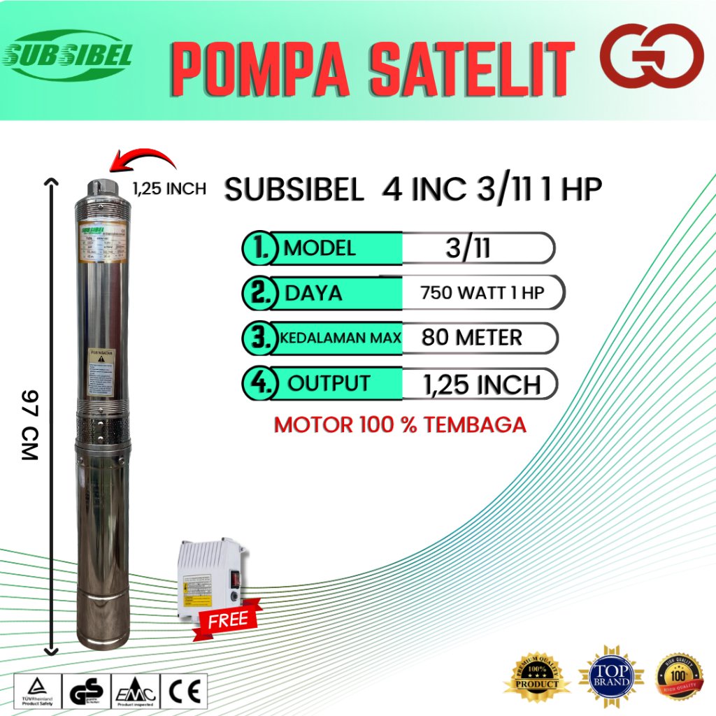 Pompa Subsibel 4 Inch 3/11 0.75 Kwh 1 HP Pompa Submersible Pompa Air Pompa Sumur Bor
