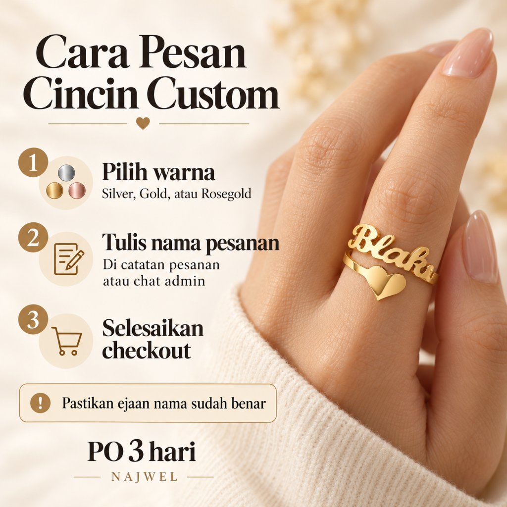 Cincin nama titanium anti karat custom lapis emas aksesoris fashion wanita korea couple rosegold