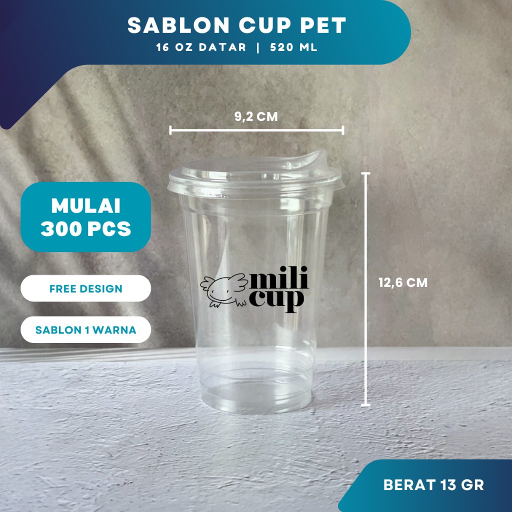 Sablon Gelas Cup Plastik PET 16 Oz Datar / Oval Custom Logo | Cetak Gelas Plastik Kopi Cafe Premium 