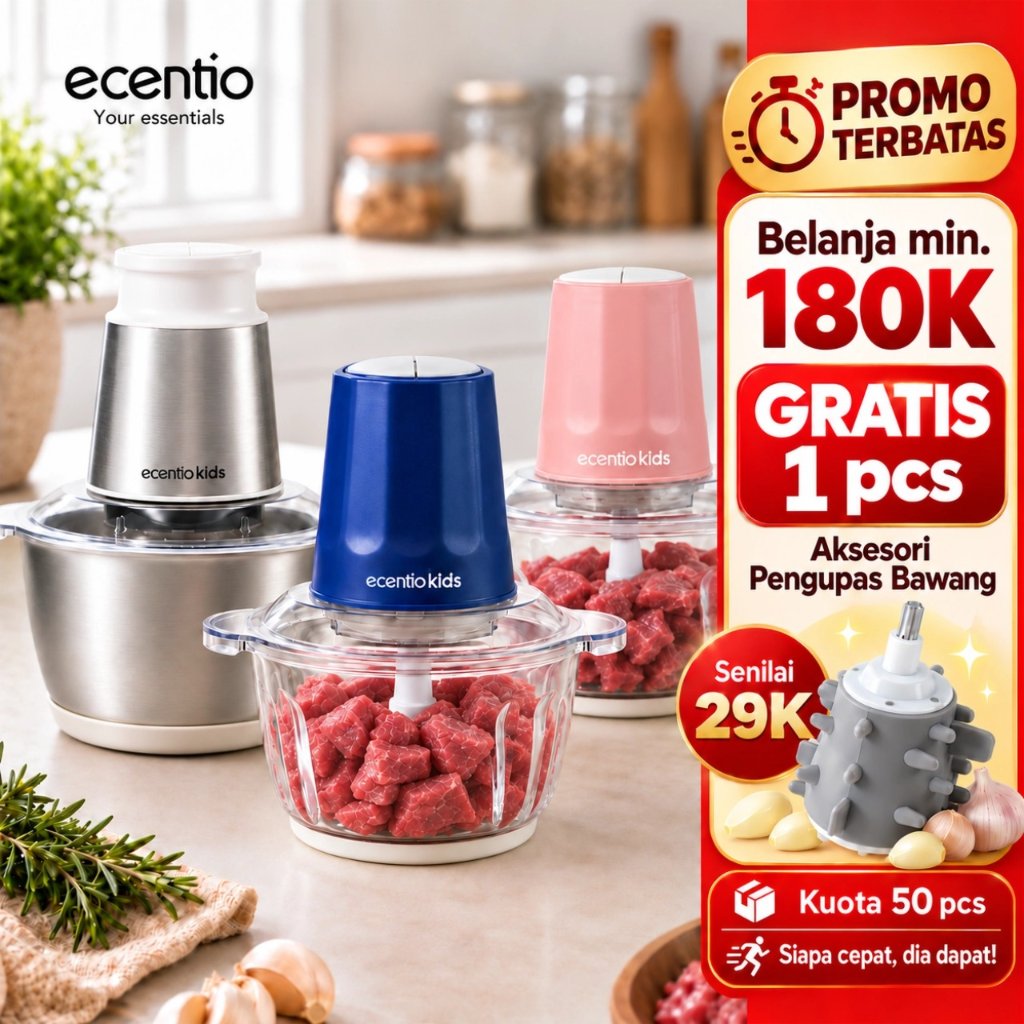 ecentio Chopper Daging 2L Mesin Penggiling Daging Elektrik Food Processor 250W 6 Mata Pisau Stainles