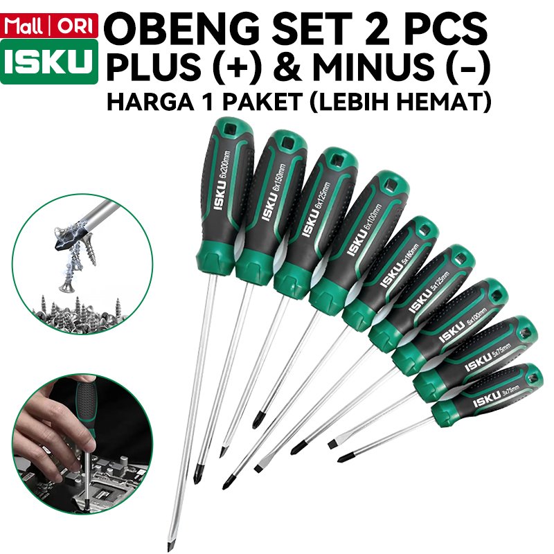 ISKU Obeng Set 2 Pcs Plus Minus Obeng Kembang Gepeng Magnet Kuat Alat Perkakas Bengkel Obeng CR-V An