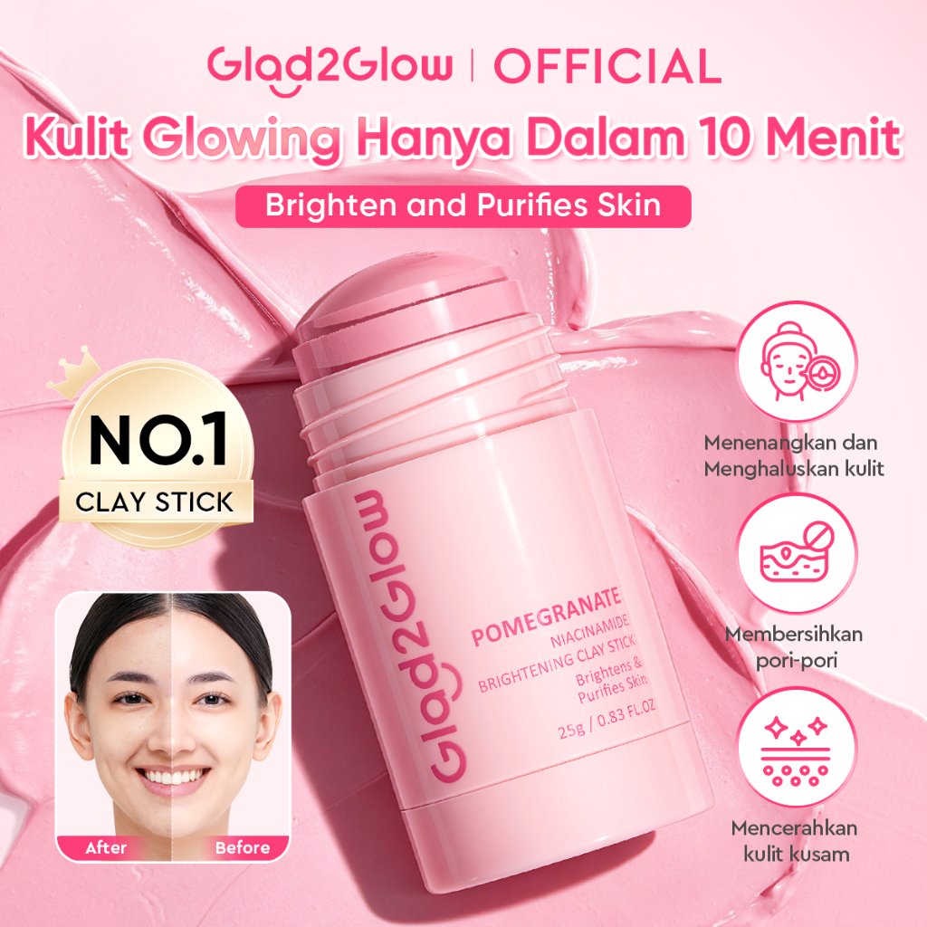 Glad2Glow Pomegranate Niacinamide Brightening Clay Stick Masker Glowing Mud Mask Mencerahkan Pembers