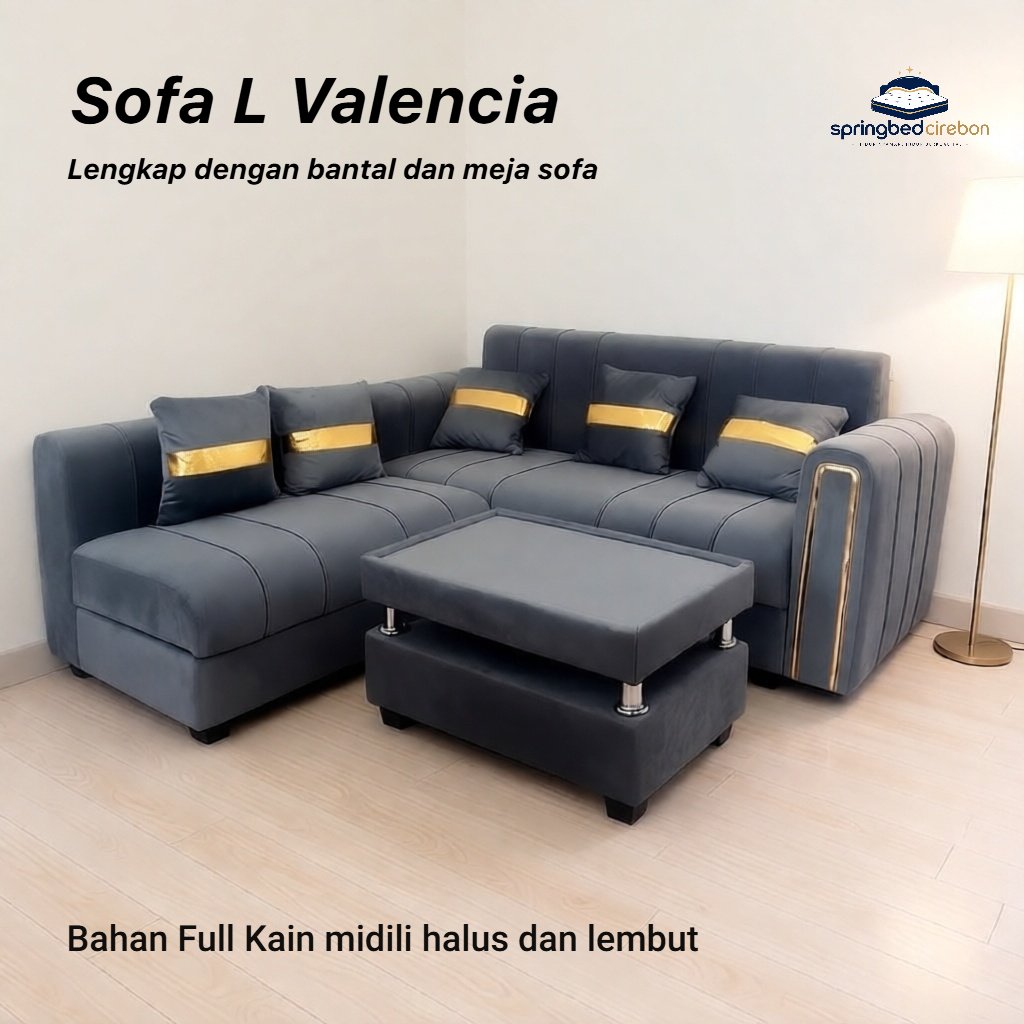 Sofa Minimalis L Valencia Full Midili Bantal dan Meja Cirebon Indramayu Karawang Bekasi