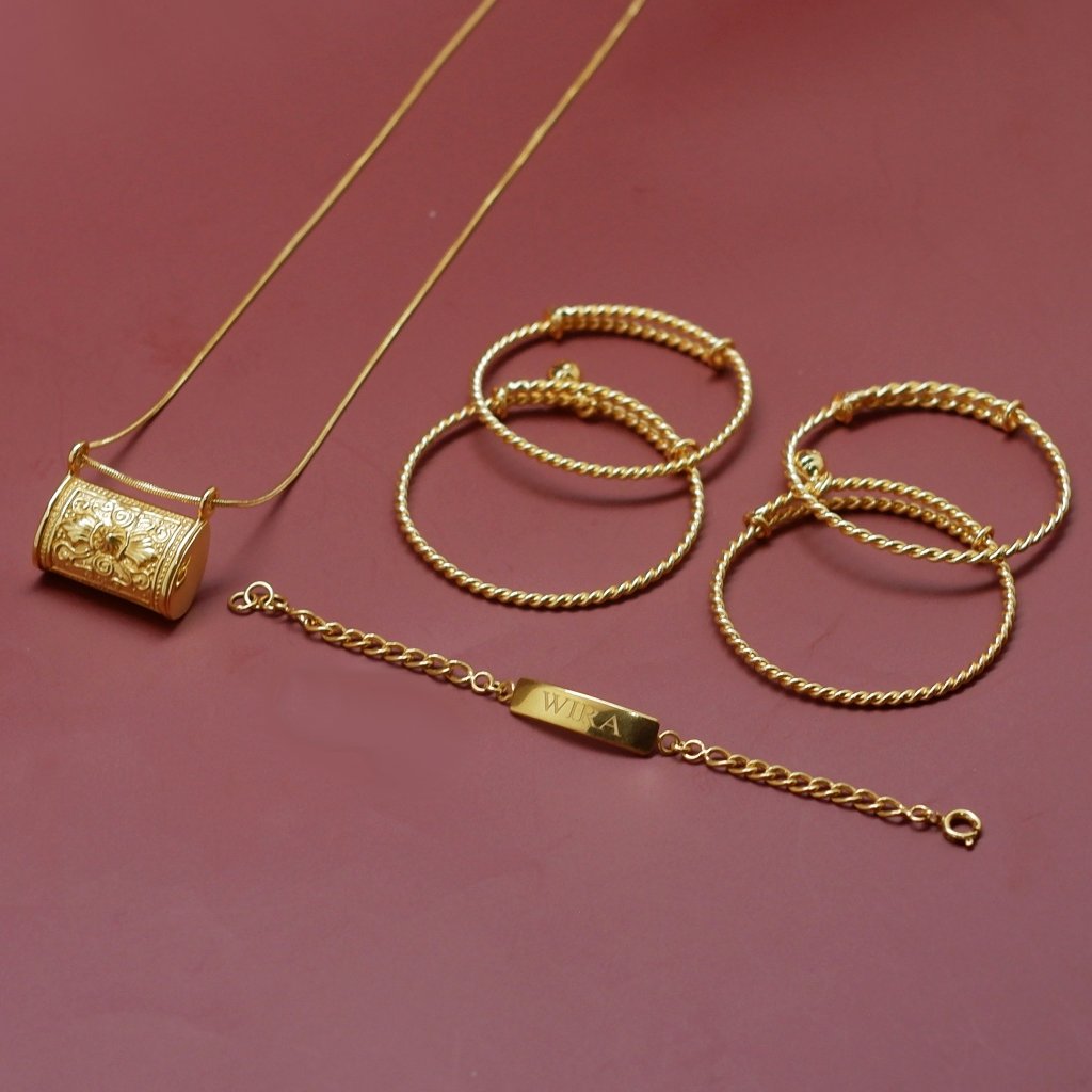 Set Gelang Bayi 3 Bulanan Kuningan Lapis Emas dan Gelang Nama