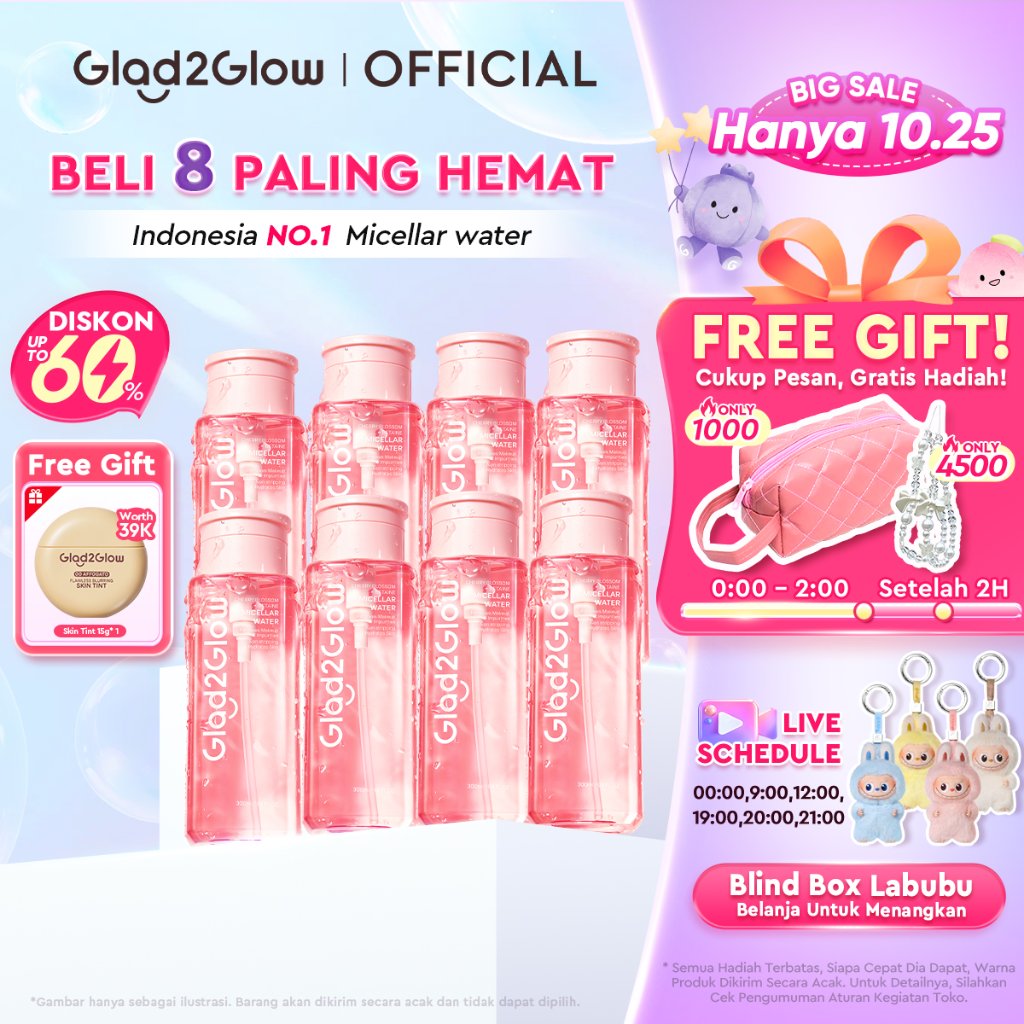 [Paket 8PCS + Gift]Glad2Glow Micellar Water 300ml cleansing oil micellar centella salycilic acid rem
