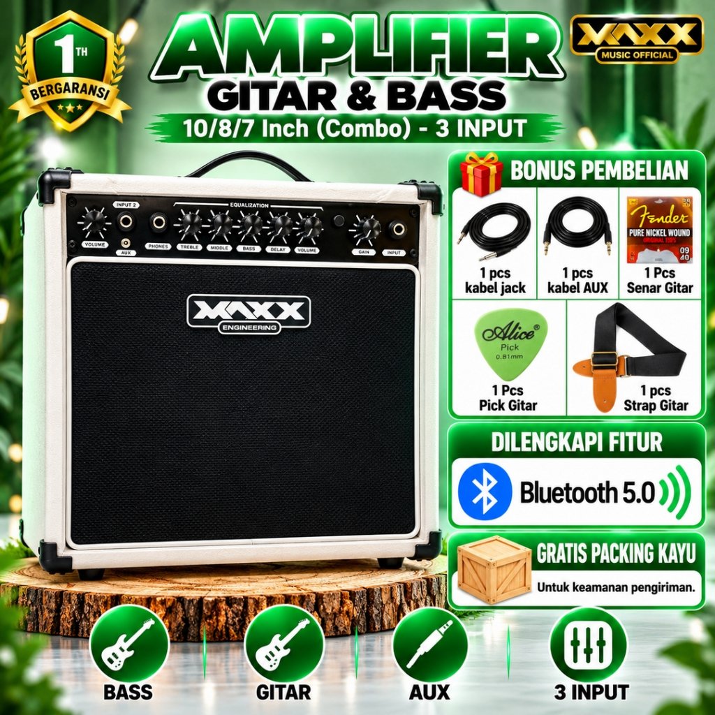 Ampli gitar dan bass 10 inch 8 inch 7 Inch bluetooth 3 input bisa karaoke ada efek delay & distorsi 