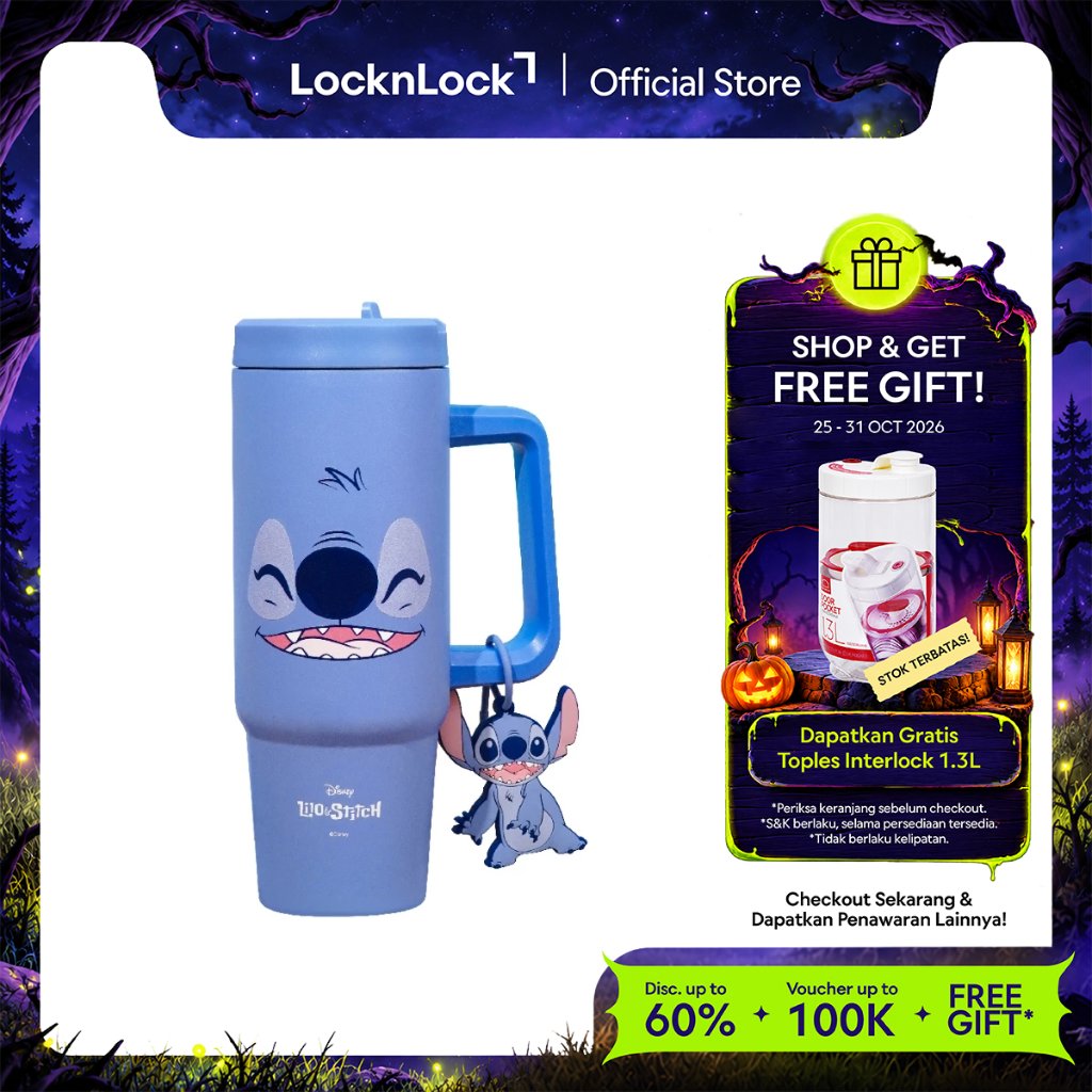 LocknLock Tumbler Kaca Disney Stitch with Handle Glass Botol Minum Gelas Kaca 900mL- LHC3075ST1