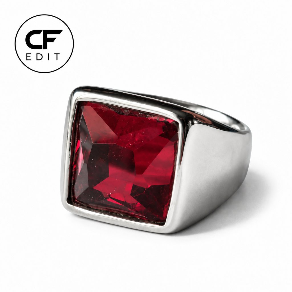 Crimson Square Titanium Ring Premium Cincin Pria Batu Merah Kotak Silver Minimalis Elegan Statement 