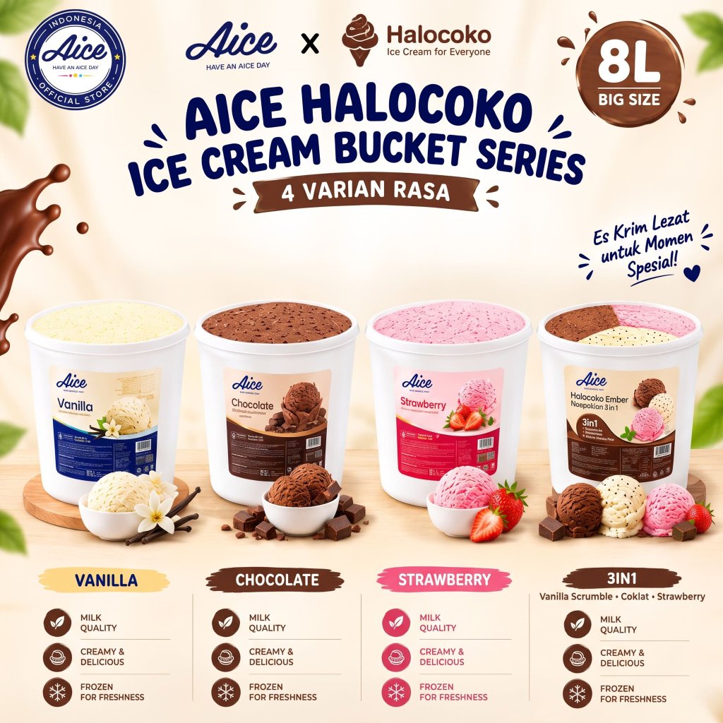AICE x HALOCOKO Ice Cream Bucket Series 8L Rasa 3in1 | Coklat | Vanilla | Strawberry Alpukat es krim