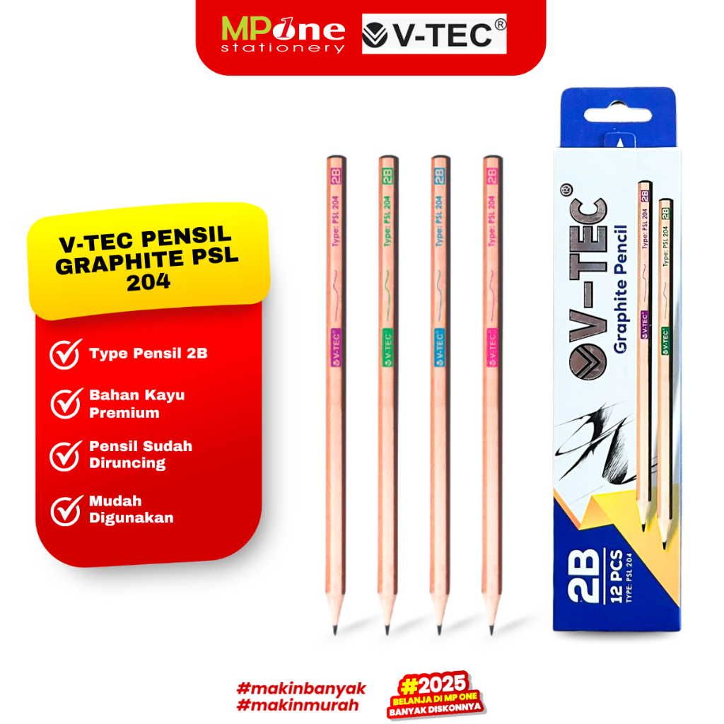 

(1 KOTAK) V-TEC Pensil Kayu 2B Graphite PSL 204 / Pensil Ujian 2B Cover Kayu Polos Isi 12 Pcs V-TEC