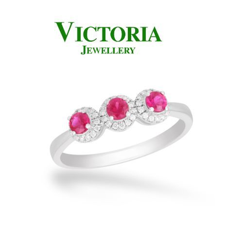Cincin berlian wanita batu ruby burma model trilogi vlr1260472 Victoria Jewellery